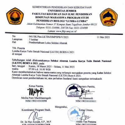 Announcement Letter of Passing Abstract Selection of National Scientific Writing Competition (LKTIN) BORN 6 2021