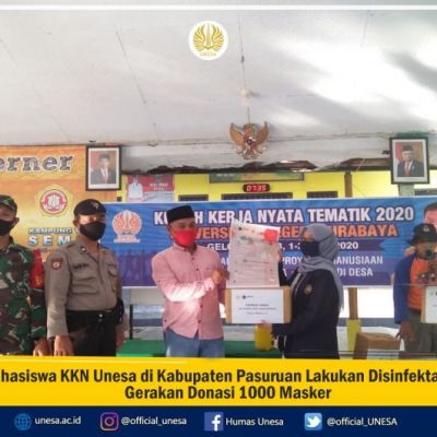 Mahasiswa KKN Unesa di Kabupaten Pasuruan Lakukan Disinfektan dan Gerakan Donasi 1000 Masker