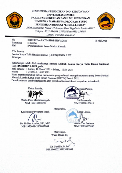 Announcement Letter of Passing Abstract Selection of National Scientific Writing Competition (LKTIN) BORN 6 2021
